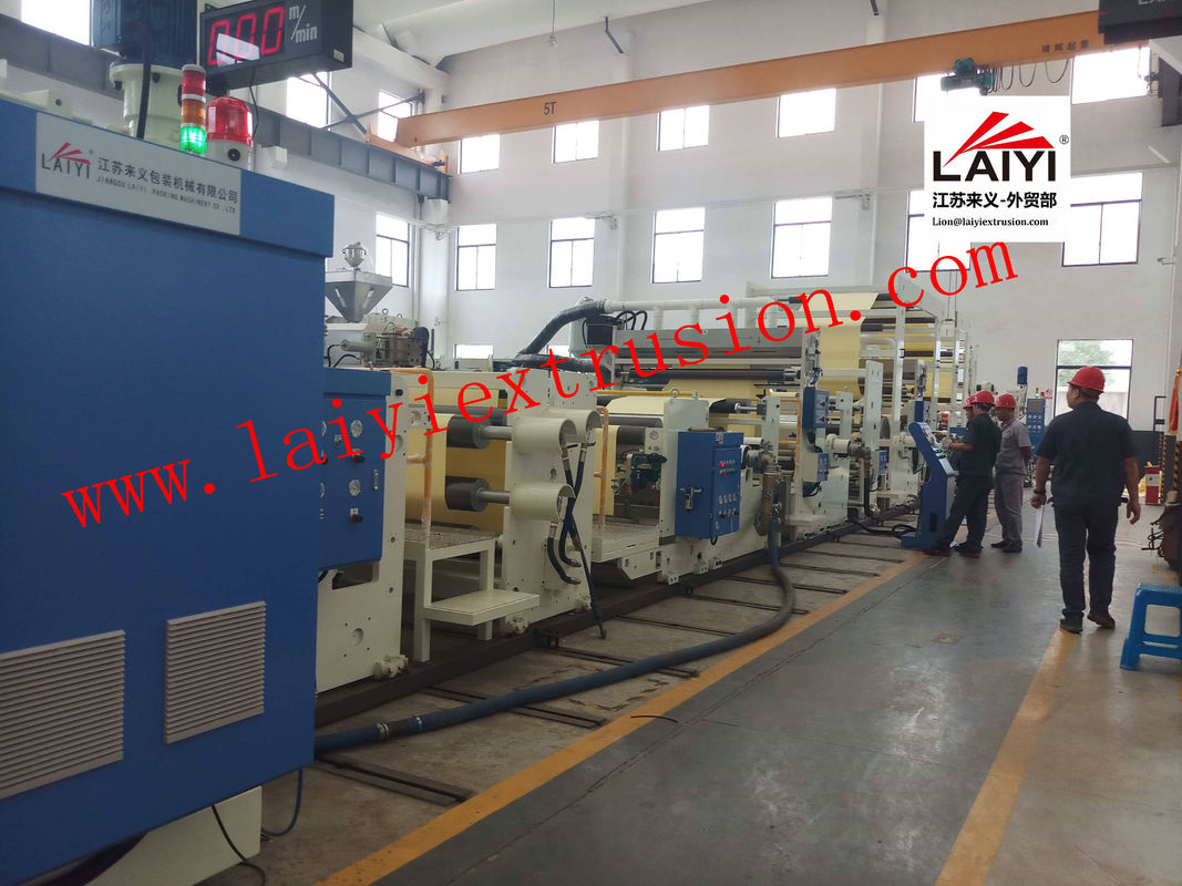 Mesin Laminasi Plastik Hot Melt Otomatis dengan Sistem Pendinginan Cepat dalam warna putih dan biru